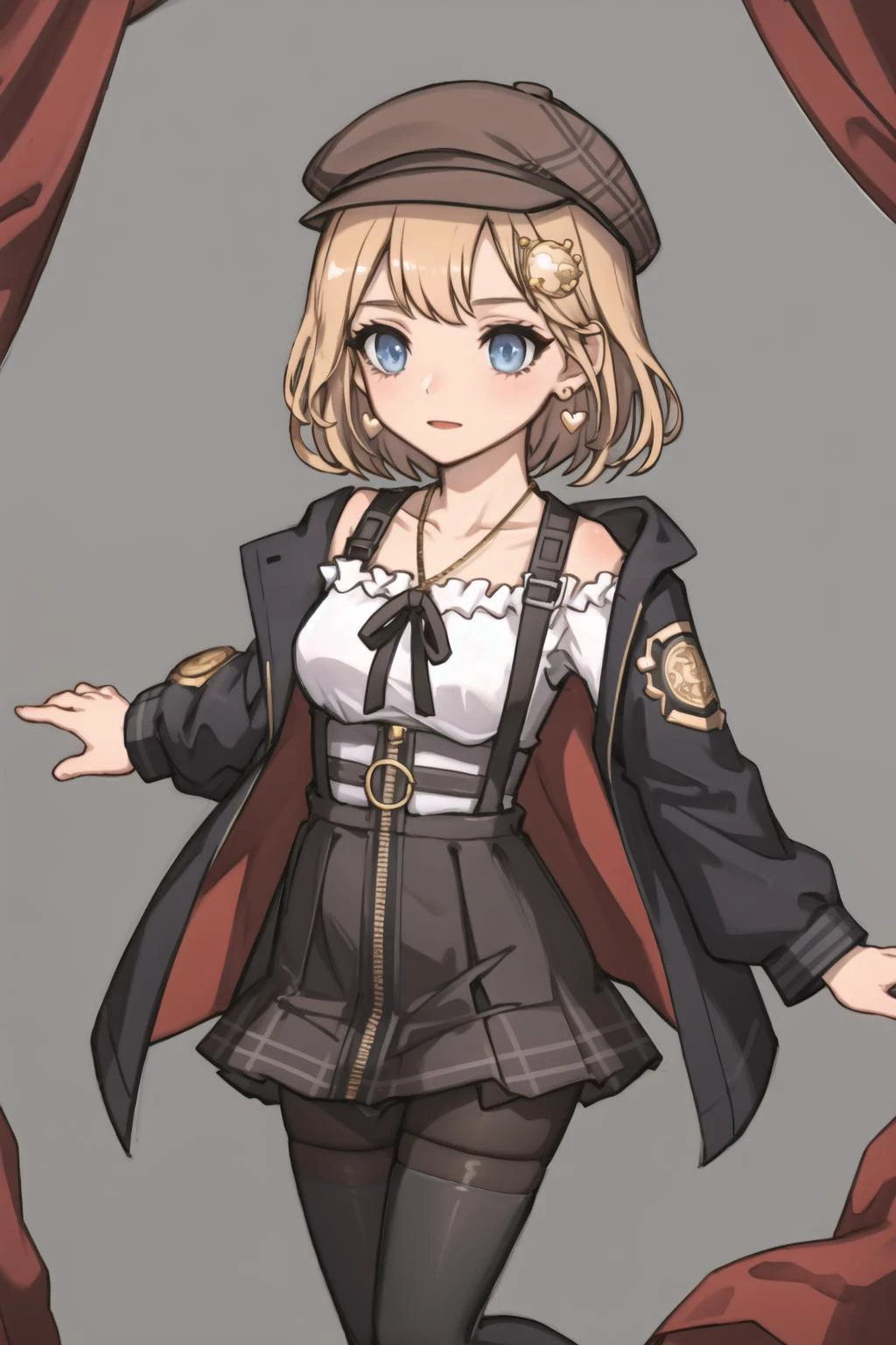 best quality, intricate details,
<lora:ameliaWatsonHololive_v2AllOutfits:0.8> amelia watson, monocle hair ornament,, thighhighs, amelia_casual, frilled shirt, collarbone, black skirt, pantyhose, (amelia_casual accesories:0) suspender skirt, zipper pull tab, brown headwear, plaid jacket, heart earrings, key necklace,