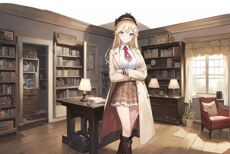 masterpiece, best quality, ultra-detailed, illustration,perfect anatomy, <<lora:ameliaWatsonHololive_v1:0.8>,excellent anatomy, shirt, plaid skirt, high-waist skirt,