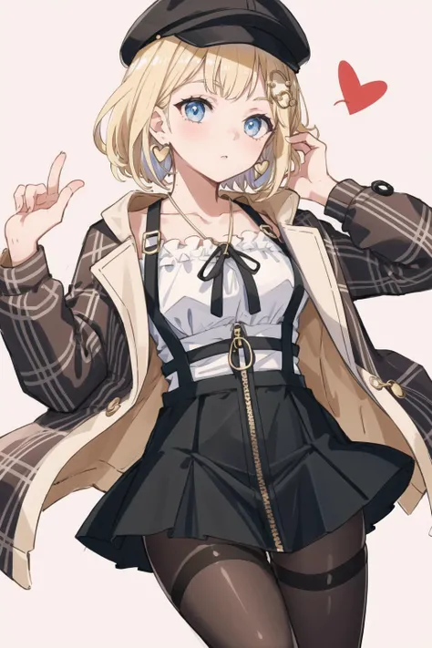 best quality, intricate details,
<lora:ameliaWatsonHololive_v2AllOutfits:0.8> amelia watson, monocle hair ornament,, thighhighs, amelia_casual, frilled shirt, collarbone, black skirt, pantyhose, (amelia_casual accesories:0) suspender skirt, zipper pull tab, brown headwear, plaid jacket, heart earrings, key necklace,