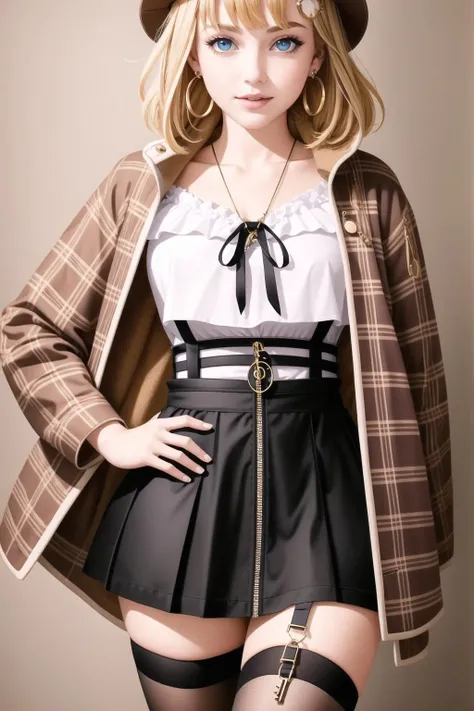 best quality, intricate details,
<lora:ameliaWatsonHololive_v2AllOutfits:0.8> amelia watson, monocle hair ornament,, thighhighs, amelia_casual, frilled shirt, collarbone, black skirt, pantyhose, (amelia_casual accesories:0) suspender skirt, zipper pull tab, brown headwear, plaid jacket, heart earrings, key necklace,