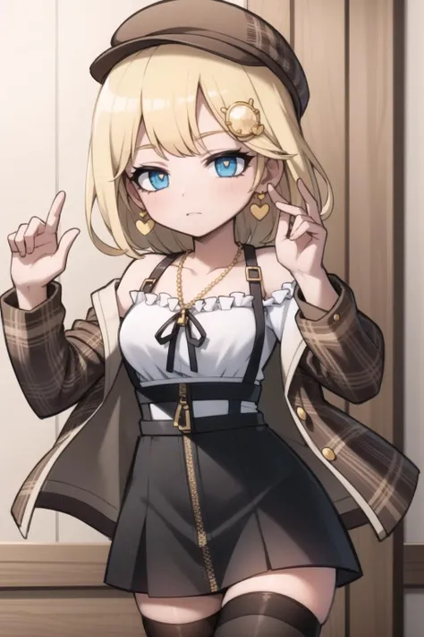 best quality, intricate details,
<lora:ameliaWatsonHololive_v2AllOutfits:0.8> amelia watson, monocle hair ornament,, thighhighs, amelia_casual, frilled shirt, collarbone, black skirt, pantyhose, (amelia_casual accesories:0) suspender skirt, zipper pull tab, brown headwear, plaid jacket, heart earrings, key necklace,