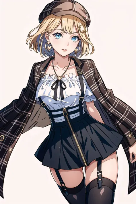 best quality, intricate details,





  <lora:ameliaWatsonHololive_v2AllOutfits:0.8> amelia watson, monocle hair ornament,, thighhighs, amelia_casual, frilled shirt, collarbone, black skirt, pantyhose, (amelia_casual accesories:0) suspender skirt, zipper pull tab, brown headwear, plaid jacket, heart earrings, key necklace,