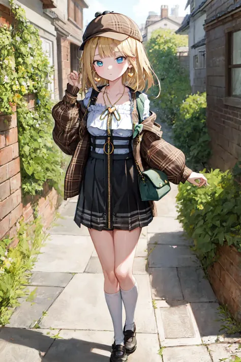 2d, masterpiece, best quality, anime, highly detailed,1girl, (amelia_casual accesories:0) suspender skirt, zipper pull tab, brown headwear, plaid jacket, heart earrings, key necklace,
Old houses, narrow alleys, stone brick streets, art stores, green trees, green plants, fresh air,
<lora:ameliaWatsonHololive_v2AllOutfits:1>,