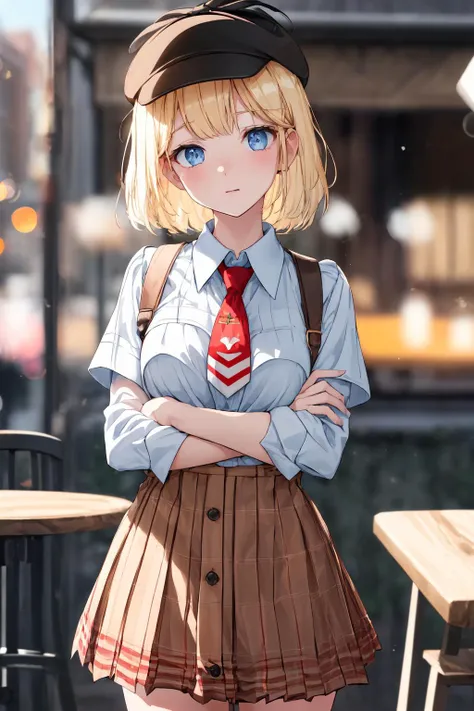 (best quality:1.2),absurdres,amelia watson,solo, 1girl,lens flare,light particles,amelia_detective, collared shirt, red necktie, plaid skirt, thighhighs,outdoor,crossed arms,natural face,long eyelashes,sparkling eyes,coffee shop,(blur the background:1.3),hat
<lora:ame-10:1>