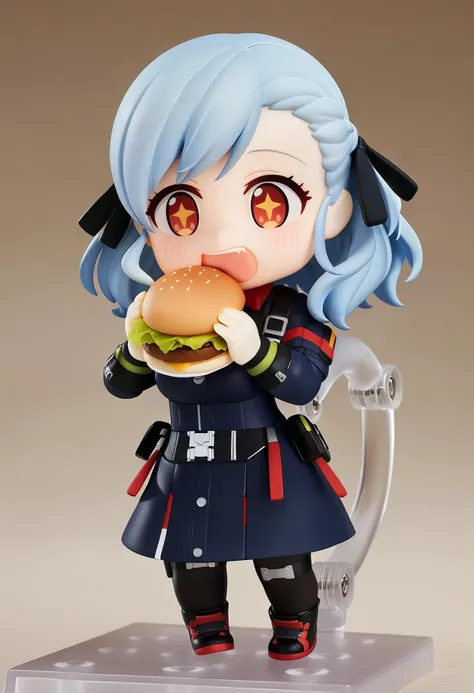 1girl, solo, spas-12 \(girls' frontline\), girls' frontline, nendoroid, full body, holding food, burger, eating, +_+, masterpiece, best quality, very aesthetic, absurdres, <lora:nendoroid_xl_v2:1>