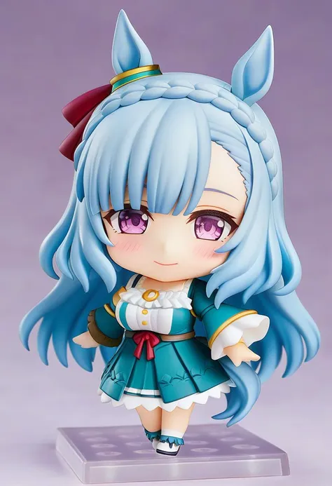 <lora:nendoroid_xl:0.8>, nendoroid, chibi, 1girl, mejiro ardan \(umamusume\), umamusume, animal ears, horse ears, long hair, horse girl, blue hair, purple eyes, braid, breasts, blush, tail