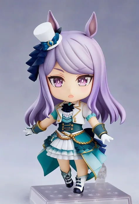 <lora:nendoroid_xl:0.9>, nendoroid, chibi, 1girl, mejiro mcqueen \(end of sky\) \(umamusume\), umamusume, animal ears, horse ears, long hair, official alternate costume, hat, purple eyes, horse girl, purple hair, mini hat, gloves
