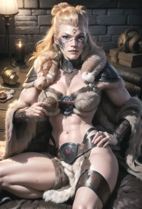 ylva eriksson, viking  armor, facepaint, muscles, abs, sexy, indoors, on fur rug, hut(8k, RAW photo, best quality, masterpiece:1.2),ultra-detailed, (high detailed skin:1.2), 8k uhd, dslr, soft lighting, high quality, <lora:Ylva_Eriksson_v1:0.8>