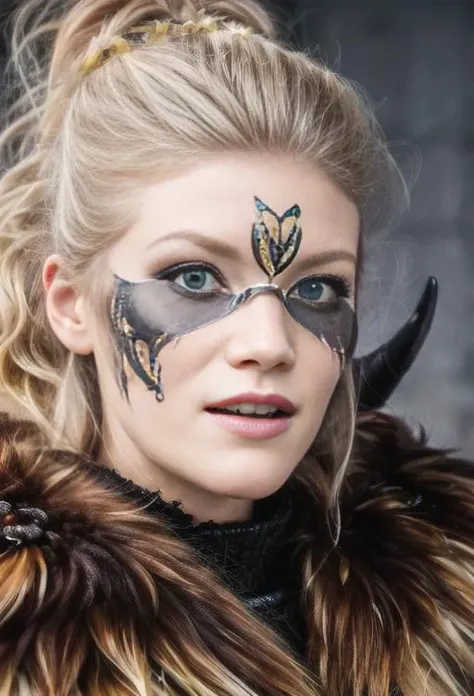 ylva eriksson, viking armor, cleavage, facepaint, closeup portrait, laughing(8k, RAW photo, best quality, masterpiece:1.2),ultra-detailed, (high detailed skin:1.2), 8k uhd, dslr, soft lighting, high quality, <lora:Ylva_Eriksson_v1:0.8> <lora:add_detail:1>