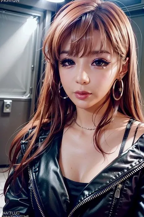 a photo of a woman , (park bom:1.3) , a closeup of woman face , rendered in octane , rendered in unreal engine , realistic photography, ultra-realistic, detailed eyes, photorealistic, realistic, real life, photograph, happy, soft lighting , face closeup , masterpiece , sharp focus , cinematic lighting , rim lighting , glossy skin , shiny skin , <lora:femm_park_bom_20230520_LORA_small:1> , (park_bom:1.2) , soft lighting , surprised , smiling , confused , ring fill flash , vibrant colors , refraction , prism , rainbow , lensflare , face focus , looking at viewer , mascara , squinting eyes , sparkling eyes , pov face closeup , fisheye lens , kpop idol , punk , leather jacket , graffiti , colorful shirt , eyeshadow , punk rocker, hoop earrings , choker , dark purple hair , (raver makeup:1.2)