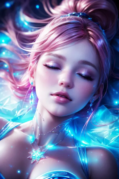 (ultra realistic,32k, masterpiece:1.2),(high detailed skin:1.1),( high quality:1.1),
1girl, pink hair, ponytail hair, bangs,(aqaua eyes:0.9),(makeup, mascara:0.9), (smile:0.5), <lora:md020:0.7>,glowing,light particles,blue_theme,(huge breast:0.9),(closed eyes, lying, from above:1.2), (close up:0.9),, <lora:add_detail:0.91>,
(glow in the dark:1.1), A frozen place blurry background,