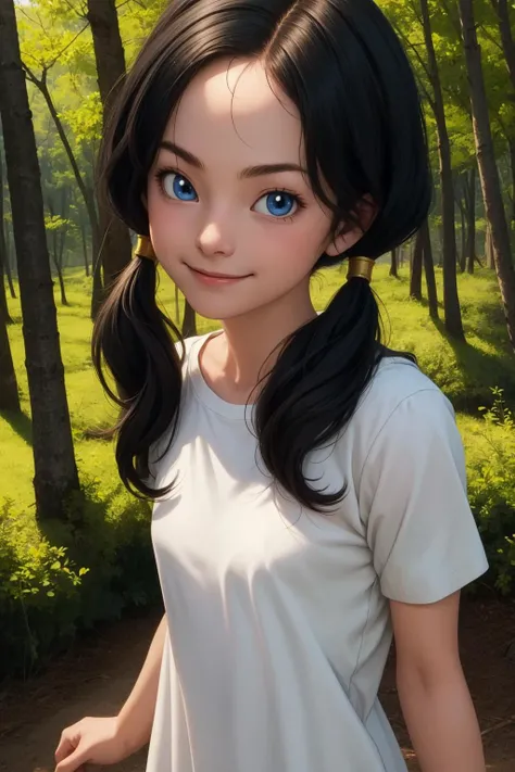 videl, 1girl, solo, blue eyes, black hair, twintails, long hair,
white shirt, white dress, short sleeves, 
smile,closed mouth,cowboy shot, portrait,
forest,outdoor,
(insanely detailed, beautiful detailed face, masterpiece, best quality) cinematic lighting,<lora:DBZ_Videl_v1:1>, <lora:more_details:0.3>,