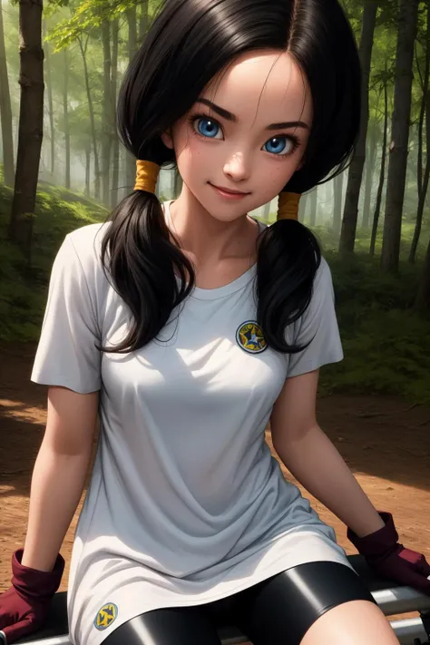 blackfire, 1girl, solo, black eyes, purple eyes, black hair, very long hair, sidelocks, dark skin, dark-skinned female, black bodysuit, silver armor, long sleeves, silver belt, black skirt, black leggings, smile,closed mouth,cowboy shot,upper body, forest,outdoor, (insanely detailed, beautiful detailed face, masterpiece, best quality) cinematic lighting,
