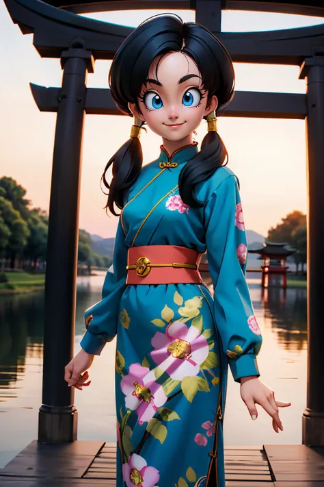 videl, long black hair, blue eyes, twintails, blue cheongsam, long sleeves, sash, floral pattern, looking at viewer, smiling, standing, holding own hands, outside, lake, red torii, dusk, sunset, high quality, masterpiece <lora:DBZ_Videl_v1:.8>