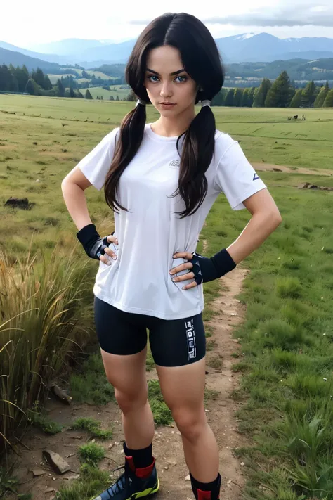 videl, blue eyes, long black hair, twintails,long white shirt, short sleeves, black fingerless gloves, black bike shorts, looking at viewer, serious, standing, hands on hips, outside, field, mountain, grass, winter, sunny, high quality, masterpiece,  <lora:DBZ_Videl_v1:.8>