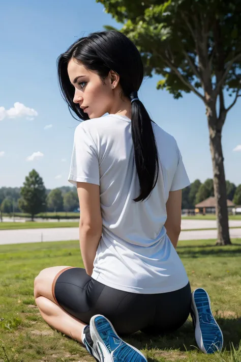 videl, blue eyes, long black hair, twintails,long white shirt, short sleeves, black fingerless gloves, black bike shorts, black shoes, looking at viewer, serous, embarrassed, blush, sitting, wariza, from_behind, outside, grass, trees, winter, sunny, high quality, masterpiece, <lora:DBZ_Videl_v1:.8>