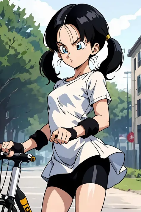 (masterpiece, best quality), 1girl,     <lora:DBZ_Videl_v1:0.8> videl, 1girl, solo, blue eyes, black hair, twintails, long hair,white shirt, white dress, short sleeves, black gloves, fingerless gloves, black shorts, bike shorts,