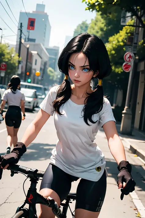 (masterpiece, best quality), 1girl,     <lora:DBZ_Videl_v1:0.8> videl, 1girl, solo, blue eyes, black hair, twintails, long hair,white shirt, white dress, short sleeves, black gloves, fingerless gloves, black shorts, bike shorts,