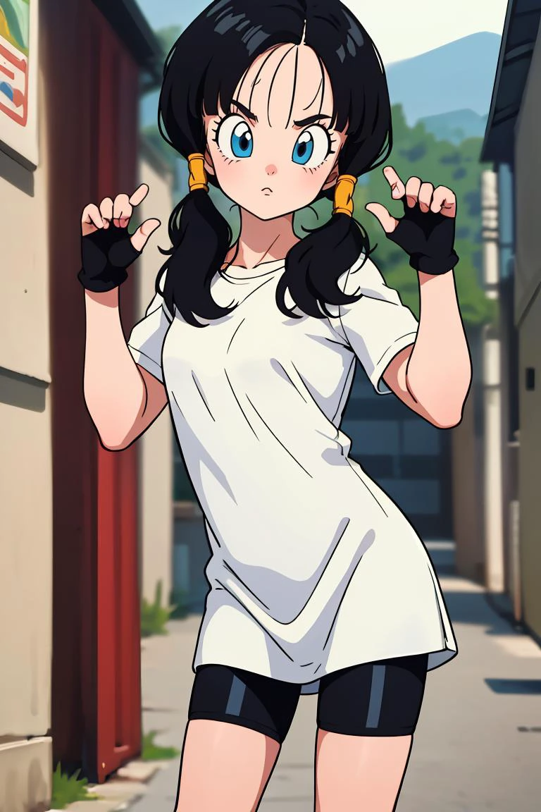 (masterpiece, best quality), 1girl, <lora:DBZ_Videl_v1:0.8> videl, 1girl, solo, blue eyes, black hair, twintails, long hair,white shirt, white dress, short sleeves, black gloves, fingerless gloves, black shorts, bike shorts,