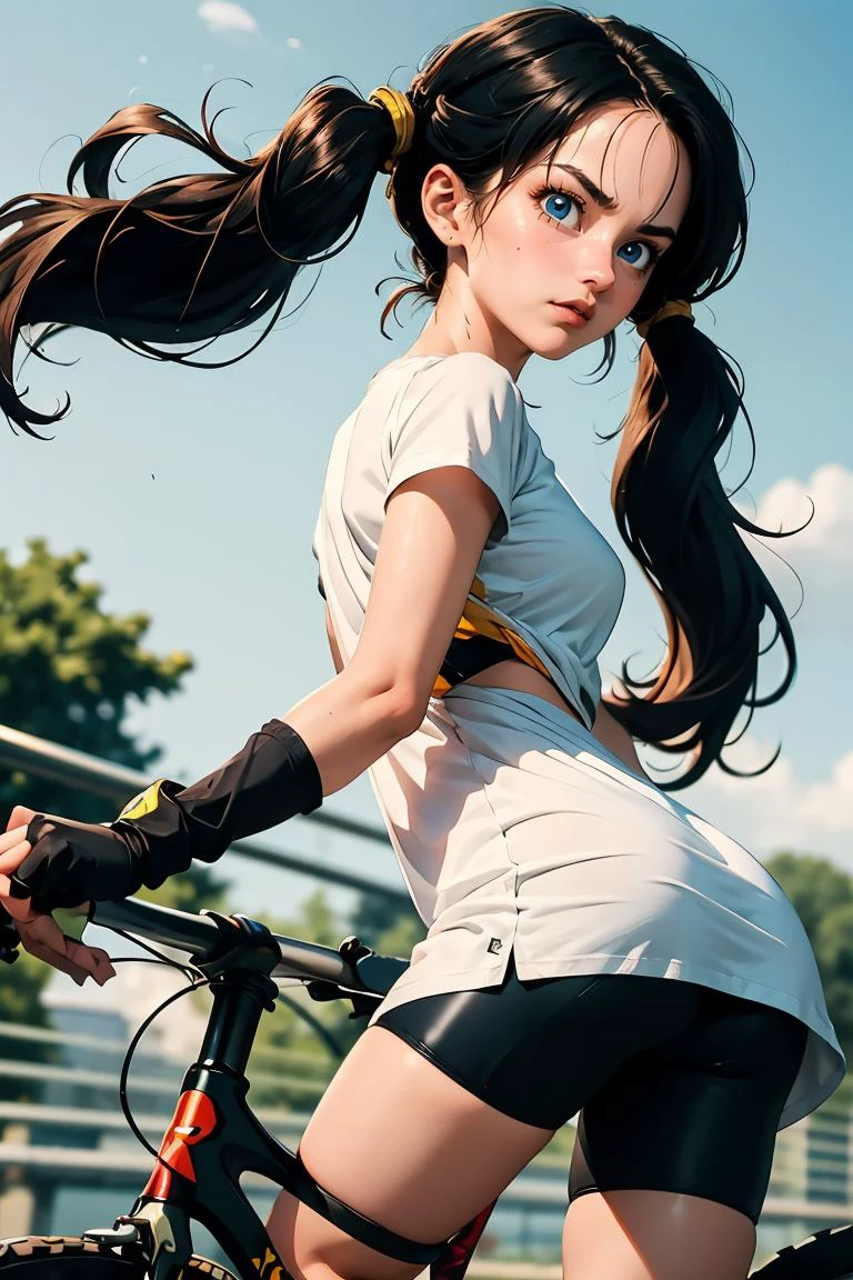 (masterpiece, best quality), 1girl, <lora:DBZ_Videl_v1:0.8> videl, 1girl, solo, blue eyes, black hair, twintails, long hair,white shirt, white dress, short sleeves, black gloves, fingerless gloves, black shorts, bike shorts,