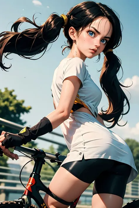 (masterpiece, best quality), 1girl,     <lora:DBZ_Videl_v1:0.8> videl, 1girl, solo, blue eyes, black hair, twintails, long hair,white shirt, white dress, short sleeves, black gloves, fingerless gloves, black shorts, bike shorts,