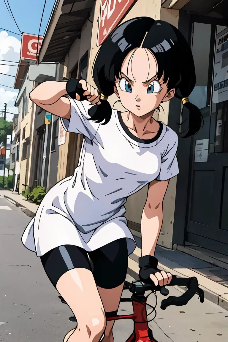 (masterpiece, best quality), 1girl, <lora:DBZ_Videl_v1:0.8> videl, 1girl, solo, blue eyes, black hair, twintails, long hair,white shirt, white dress, short sleeves, black gloves, fingerless gloves, black shorts, bike shorts,