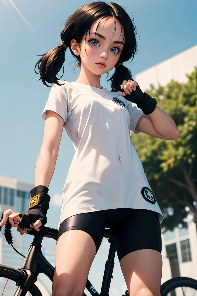 (masterpiece, best quality), 1girl, <lora:DBZ_Videl_v1:0.8> videl, 1girl, solo, blue eyes, black hair, twintails, long hair,white shirt, white dress, short sleeves, black gloves, fingerless gloves, black shorts, bike shorts,