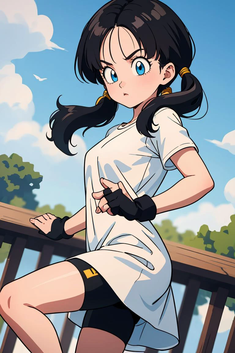 (masterpiece, best quality), 1girl, <lora:DBZ_Videl_v1:0.8> videl, 1girl, solo, blue eyes, black hair, twintails, long hair,white shirt, white dress, short sleeves, black gloves, fingerless gloves, black shorts, bike shorts,
