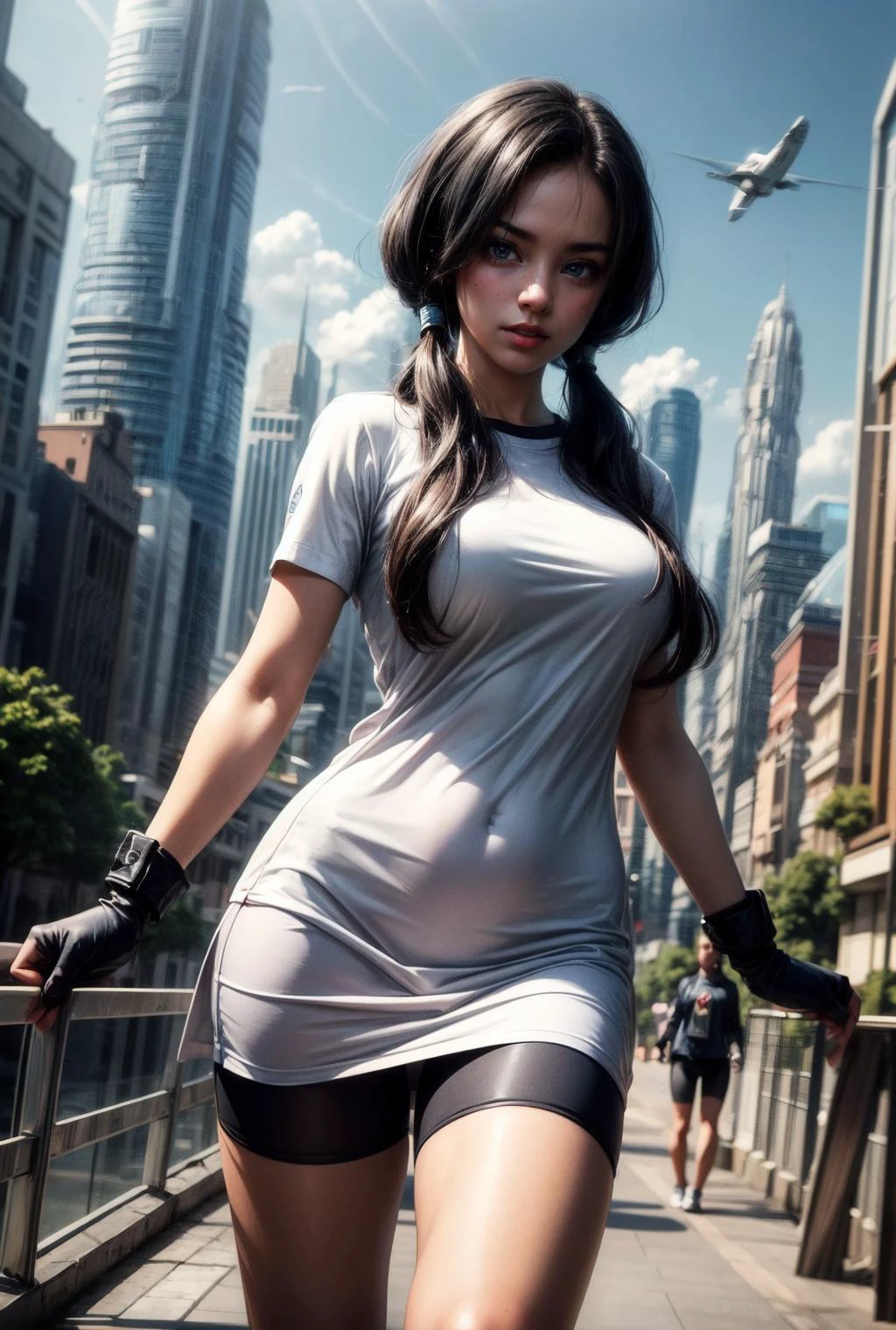 ((masterpiece, best quality, 4k, detailed, realistic)),(highres), perfect body, (a cute young woman,large_breasts, <lora:DBZ_Videl_v1:0.8> videl, 1girl, solo, blue eyes, black hair, twintails, long hair,white shirt, white dress, short sleeves, black gloves, fingerless gloves, black shorts, bike shorts, standing),<lora:age_slider_v6:-1>,looking at viewer, smile,absurdres, narrow hips, thick thighs,slim body,detailed face, detailed background, detailed hair, BREAK <lora:LORA-XenoDetailer-v3:0.3>, <lora:more_details:1>,( in a futuristic city with flying cars and skyscrapers of various shapes in background, spherical skyscrapers, cars flying in the sky),dynamic pose, dynamic angle, outdoor,futurecity, day, (airview), architecture, a bustling city street,robots and future cars, adding to the lively scene.<lora:cyber:0.4>