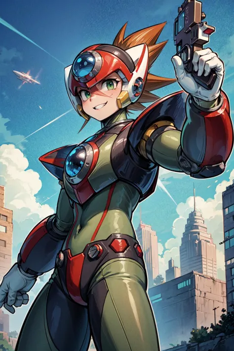 masterpiece,best quality,1boy,axl,brown hair,spiked hair,green eyes,helmet,(scar:1.2),android,(armor),robot,grin,confident,dynamic pose,holding gun,weapon,gun,handgun,outdoors,(science fiction,scifi,sci-fi,futuristic:1.2),cowboy shot,<lora:Concept-control tool-add_detail-CyberAIchemist:0.7>,<lora:CHAR-Mega Man X-Axl-v1-Konan:0.7>,<lora:BetterGuns-V1:0.7>,