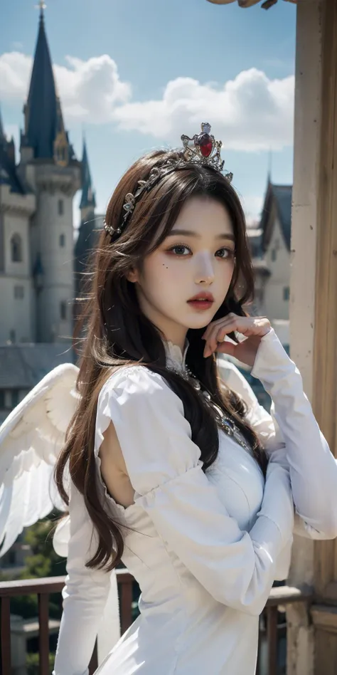 1girl, crown, jewelry, veil, arm sleeve, layered dress, (white wings), medieval, fantasy, castle, balcony, outdoor, (photorealistic:1.4), raw photo, best quality, masterpiece, ultra high res <lora:makina69_wonyoung_v2.1:1>