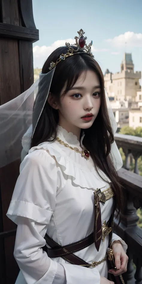 1girl, crown, jewelry, veil, arm sleeve, layered dress, (white wings), medieval, fantasy, castle, balcony, outdoor, (photorealistic:1.4), raw photo, best quality, masterpiece, ultra high res <lora:makina69_wonyoung_v2.1:1>
