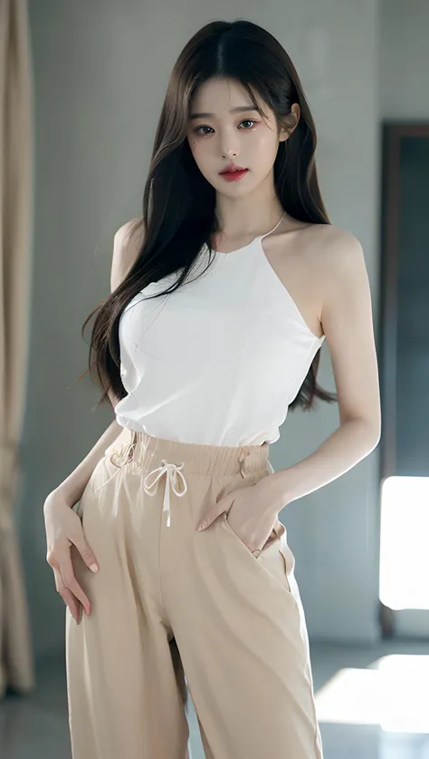 closeup, smile, parted lips, blush, black overalls, yellow harem pants, <lora:kpop_makina69_wonyoung_v3.0:1>, photography, RAW photo, photo, sharp focus, Canon 5D, Fujifilm, cinematic lighting, professional lighting, natural light, ray tracing, volumetric light, masterpiece, best quality, high quality, highres, ultra highres, 1girl, (half body:1.5), half length shot, standing, shiny eyes, (looking at viewer:2), facing the viewer, solo, smooth skin, detailed hair, pureerosfaceV1.9Q3J, [:(detailed face:1.2):0.2], <lora:1.5_perfect hands:1>