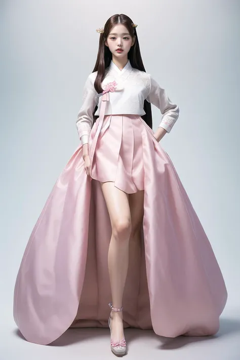 (masterpiece, best quality, high intricate details, realistic skin details, photo realistic),a girl,beautiful,cute,in a white background,stage,(wide hip),(perfect anatomy),(small head),(full body_shot:1.3),looking_at_viewer,Korean script,model pose,(tall:1.3),(skinny:1.3),thin,tight,(long thighs:1.3),small breasts,nipples,(thigh gap:1.3),pussy,spread_vaginal,foot,(thong_bikini:1.3),(pink_hanbok:1.3),pink,
<lora:wonyoung-v2-01:0.9>,wonyoung,(small breast:1.3),(black straight hair),(black_hair:1.3),<lora:add_detail:1>,<lora:femaleNobleClassHanbok_v10:0.8>,