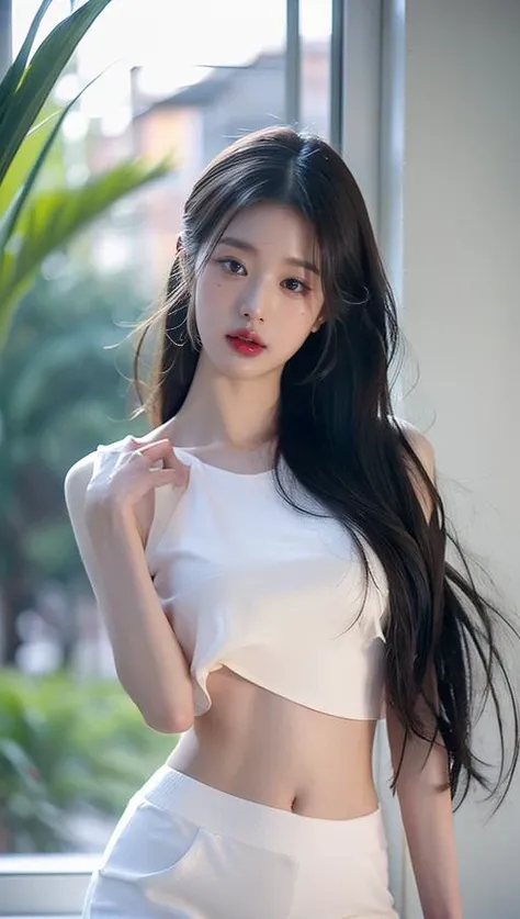 8K,A slender woman, red glossy lips,(Extremely detailed beautiful face)), (best quality), (Super detailed), (Extremely detailed CG unified 8k wallpaper),original photo, (standing), (White background) ,(cleavage),(average light source),shorts,black hair,long hair,(soft small breasts),(tie),sexy pose, full front body