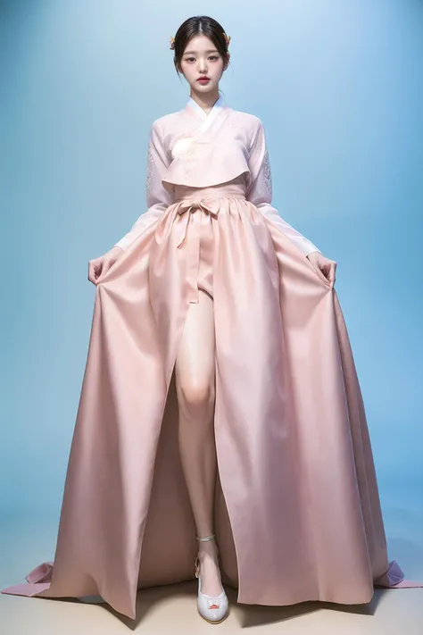 (masterpiece, best quality, high intricate details, realistic skin details, photo realistic),a girl,beautiful,cute,in a white background,stage,(wide hip),(perfect anatomy),(small head),(full body_shot:1.3),looking_at_viewer,Korean script,model pose,(tall:1.3),(skinny:1.3),thin,tight,(long thighs:1.3),small breasts,nipples,(thigh gap:1.3),pussy,spread_vaginal,foot,(thong_bikini:1.3),(pink_hanbok:1.3),pink,(side_slit:1.3),open_skirt,
<lora:wonyoung-v2-01:0.9>,wonyoung,(small breast:1.3),(black straight hair),(black_hair:1.3),<lora:add_detail:1>,<lora:femaleNobleClassHanbok_v10:0.8>,