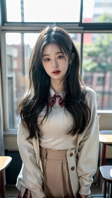 <lora:more_details:1>  <lora:kpop_makina69_wonyoung_v3.0:1>, photography, RAW photo, photo, sharp focus, Canon 5D, Fujifilm, cinematic lighting, professional lighting, natural light, ray tracing, volumetric light, masterpiece, best quality, high quality, highres, ultra highres, 1girl, half body, portrait, half length shot, bust portrait, upper body, eye contact, shiny eyes, (looking at viewer:2), facing the viewer, solo, detailed skin, smooth skin, red lips, blush, detailed hair, pureerosfaceV1.9Q3J, [:(detailed face:1.2):0.2], <lora:1.5_perfect hands:1>, school uniform, school, school bag, smile, classroom, chalkboard, chair