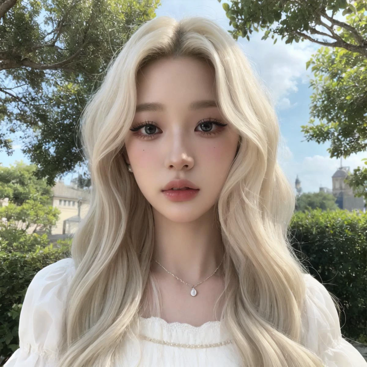 rich hair, platinum blonde hair, (wavy hair:1.3)elegance, natural lighting, white dress, puffy sleeves, outdoor setting, greenery, trees, daytime, cloudy sky, necklace, real skin texture, upper body, pale skin, glossy skin, 1girl, 3d, solo, (huge breasts:1), perfect_face, depth of field, semi_realistic, sharpen, slender, body ratio, , eyelashes, (mascara:1.2), beautiful detailed, moody, epic, (masterpiece), gorgeous,high quality, <lora:aespakarina-v5:0.3> <lora:makina69_wonyoung_v2.0:0.3> <lora:Korean_MakeUp:0.5>
