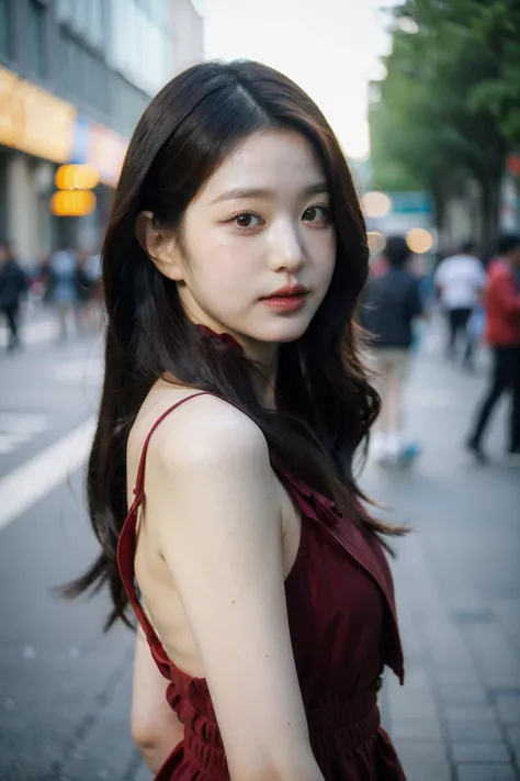 Best quality, masterpiece, ultra high res, (photorealistic), raw photo,1girl, skinny, upper body,solo, realistic, looking at viewer, long hair, bokeh background, city streets,brown eyes, bohemian dress,  <lora:makina69_wonyoung_v4.9:1>