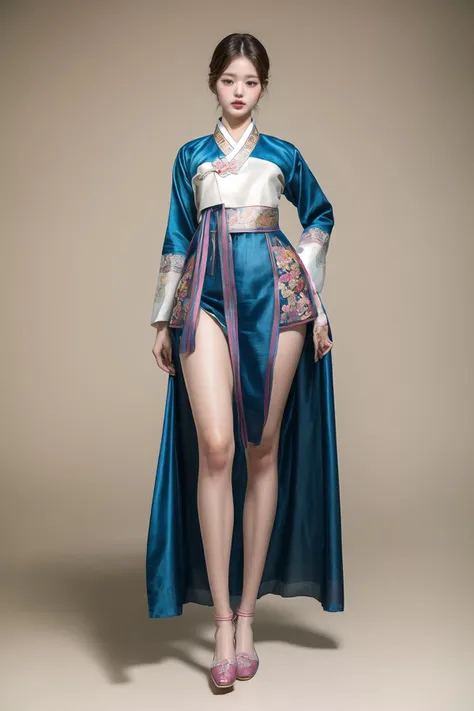 (masterpiece, best quality, high intricate details, realistic skin details, photo realistic),a girl,beautiful,cute,in a white background,stage,(wide hip),(perfect anatomy),(small head),(full body_shot:1.3),looking_at_viewer,Korean script,model pose,(tall:1.3),(skinny:1.3),thin,tight,(long thighs:1.3),small breasts,nipples,(thigh gap:1.3),pussy,spread_vaginal,foot,(thong_bikini:1.3),(pink_hanbok:1.3),pink,
<lora:wonyoung-v2-01:0.9>,wonyoung,(small breast:1.3),(black straight hair),(black_hair:1.3),<lora:add_detail:1>,<lora:femaleNobleClassHanbok_v10:0.8>,