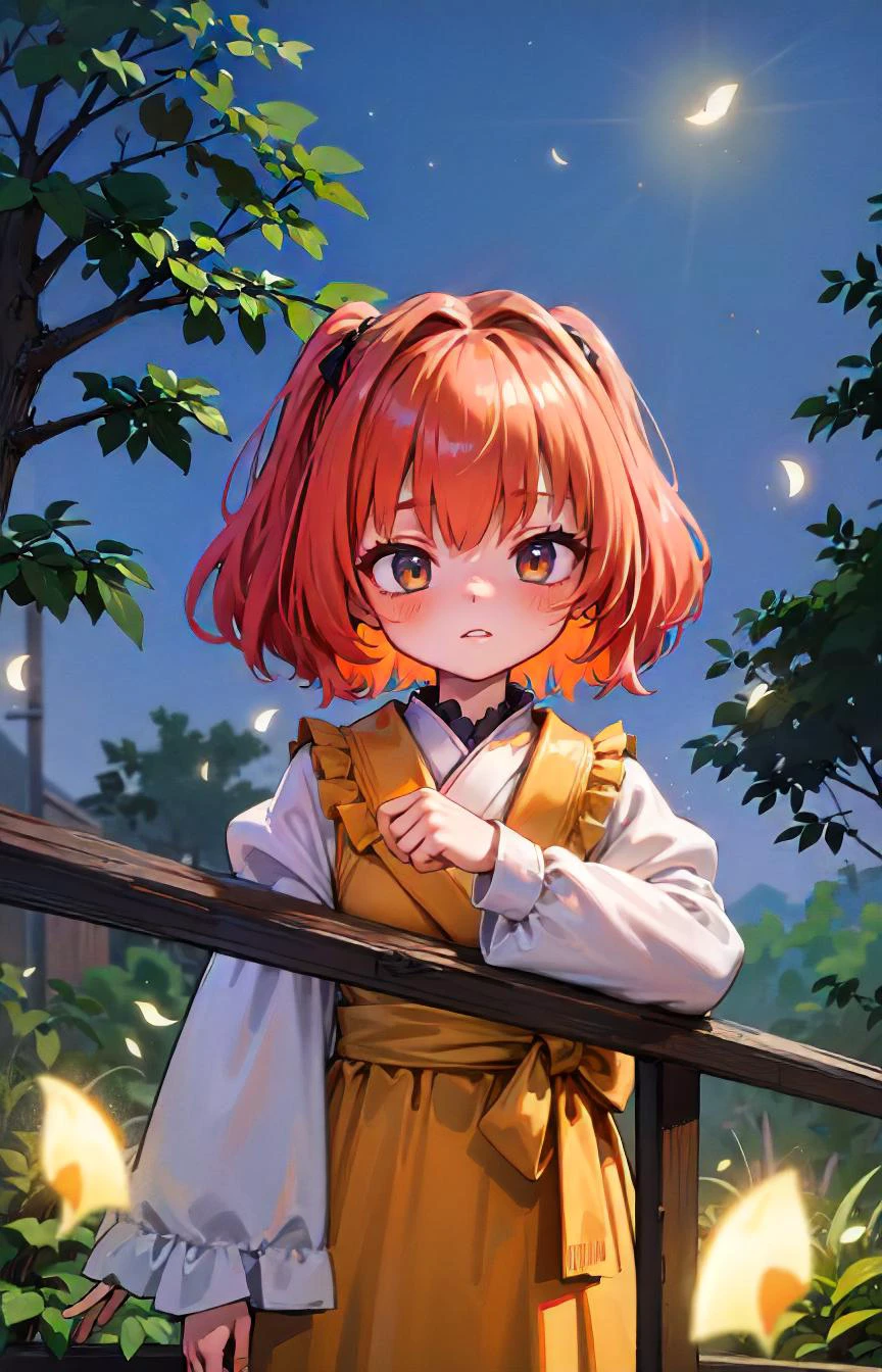 1girl, motoori kosuzu, outdoors, detailed background, BREAK bar, night, fireflies, <lora:char-kosuzu:1>, absurdres, masterpiece, best quality,