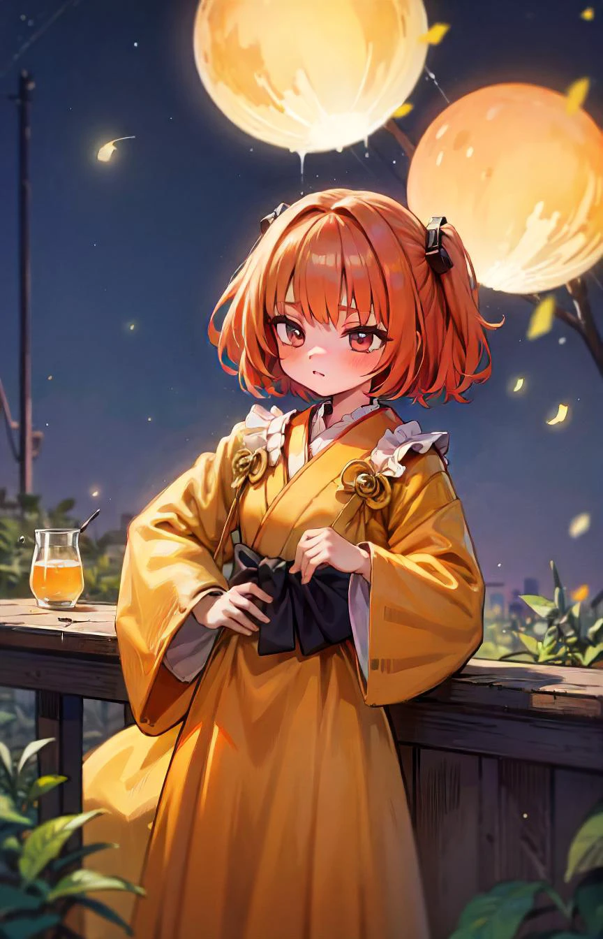 1girl, motoori kosuzu, outdoors, detailed background, BREAK bar, night, fireflies, <lora:char-kosuzu:1>, absurdres, masterpiece, best quality,