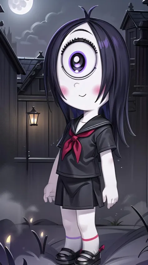 rubygloom_iris, solid-best-physical-appearance-perfect::2, ((best quality, masterpiece, extremely detailed CG, ultra-detailed, intricate details:1.2)), 8k wallpaper, elaborate features, glistening shiny, glowing light, ray tracing, HDR, deph of field, (1girl, solo, chibi, long black hair, ahoge, one-eyed, cyclops, purple eyes, white pupils, extra pupils, blush stickers, white skin), ((night sky, full moon, fog, dark atmosphere, eerie, mansion, moonlight, outdoors)), (serafuku, skirt, mary janes, socks), (full body, closed mouth, smile), <lora:rubygloom_iris:0.8>, <lora:hyperdetailer:0.8>