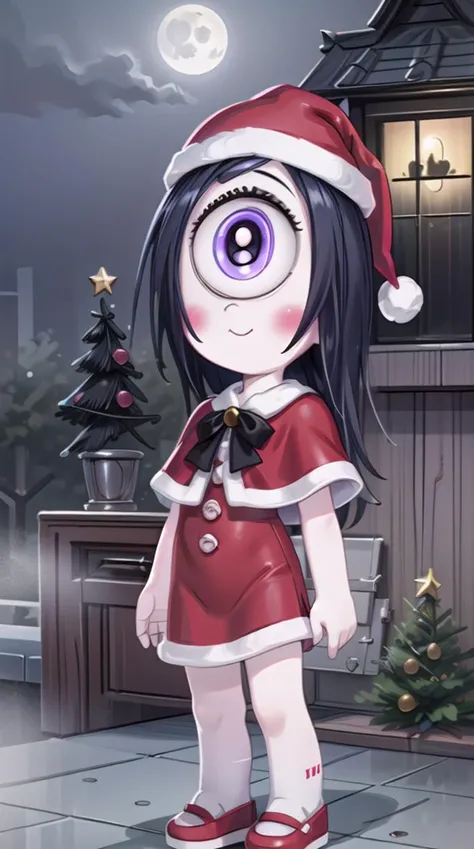 rubygloom_iris, solid-best-physical-appearance-perfect::2, ((best quality, masterpiece, extremely detailed CG, ultra-detailed, intricate details:1.2)), 8k wallpaper, elaborate features, glistening shiny, glowing light, ray tracing, HDR, deph of field, (1girl, solo, chibi, long black hair, one-eyed, cyclops, purple eyes, white pupils, extra pupils, blush stickers, white skin), ((night sky, full moon, fog, dark atmosphere, eerie, mansion, moonlight, outdoors)), ((red clothes, santa hat, santa costume, skirt, capelet, white socks, mistletoe, christmas)), (full body, closed mouth, smile), <lora:rubygloom_iris:0.8>, <lora:hyperdetailer:0.8>