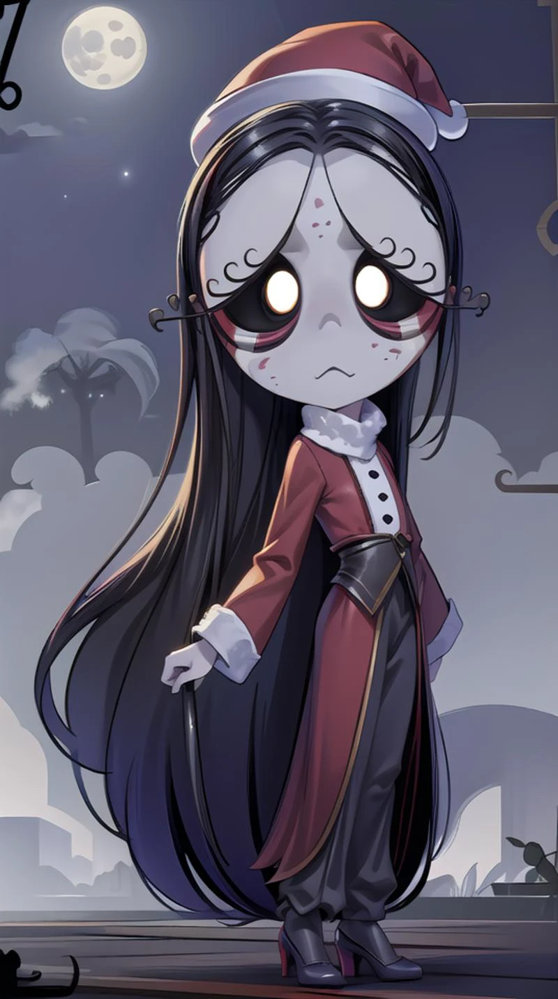 rubygloom_misery, solid-best-physical-appearance-perfect::2, ((best quality, masterpiece, extremely detailed CG, ultra-detailed, intricate details:1.2)), 8k wallpaper, elaborate features, glistening shiny, glowing light, ray tracing, HDR, deph of field, (1girl, solo, chibi, long hair, very long hair, black hair, freckles, colored sclera, black sclera, white eyes, streaming tears, frown, colored skin, grey skin), ((night sky, full moon, fog, dark atmosphere, eerie, mansion, moonlight, outdoors)), (santa hat, santa costume, heels, christmas), (full body, smile, bangs), <lora:rubygloom_misery:0.8>, <lora:hyperdetailer:0.8>