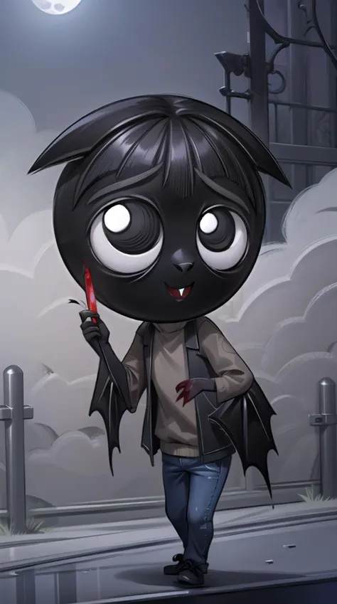 rubygloom_scaredybat, solid-best-physical-appearance-perfect::2, ((best quality, masterpiece, extremely detailed CG, ultra-detailed, intricate details:1.2)), 8k wallpaper, elaborate features, glistening shiny, glowing light, ray tracing, HDR, deph of field, (1boy, solo, ((chibi)), furry male, black skin, bat wings, bat ears, bat boy, claws, fang, black eyes, white pupils, no humans, short legs), ((night sky, full moon, fog, dark atmosphere, eerie, mansion, moonlight, outdoors)), (brown jacket, jeans, holding knife, blood stains), (full body, evil smile), <lora:rubygloom_scaredybat:0.9>, <lora:hyperdetailer:0.8>