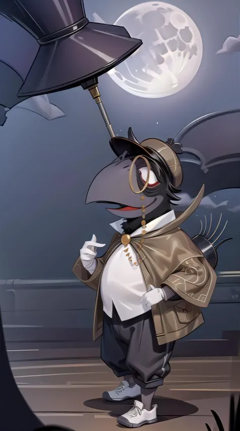 rubygloom_poe, solid-best-physical-appearance-perfect::2, ((best quality, masterpiece, extremely detailed CG, ultra-detailed, intricate details:1.2)), 8k wallpaper, elaborate features, glistening shiny, glowing light, ray tracing, HDR, deph of field, (1boy, solo, ((chibi)), furry male, bird boy, beak, black eyes, white pupils, fat, dark skin), ((night sky, full moon, fog, dark atmosphere, eerie, mansion, moonlight, outdoors)), (monocle, sneakers, detective, collared shirt, ((deerstalker)), collared capelet, white gloves, holding pocket watch, saggy pants), (full body, standing, smile, half-closed eyes), <lora:rubygloom_poe:0.8>, <lora:hyperdetailer:0.8>