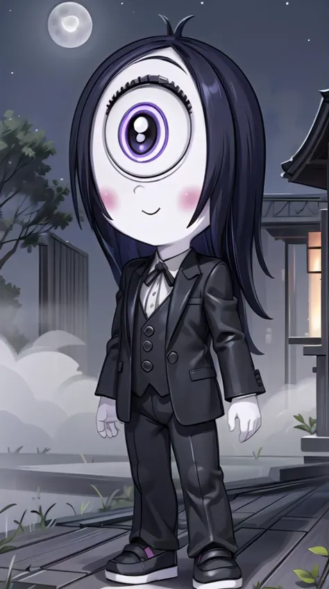 rubygloom_iris, solid-best-physical-appearance-perfect::2, ((best quality, masterpiece, extremely detailed CG, ultra-detailed, intricate details:1.2)), 8k wallpaper, elaborate features, glistening shiny, glowing light, ray tracing, HDR, deph of field, (1girl, solo, chibi, long black hair, one-eyed, cyclops, purple eyes, white pupils, extra pupils, blush stickers, white skin), ((night sky, full moon, fog, dark atmosphere, eerie, mansion, moonlight, outdoors)), ((formal suit, shoes)), (full body, closed mouth, smile), <lora:rubygloom_iris:0.8>, <lora:hyperdetailer:0.8>