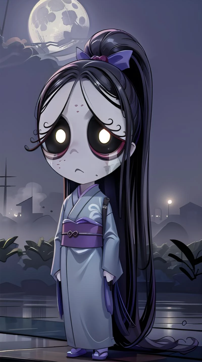rubygloom_misery, solid-best-physical-appearance-perfect::2, ((best quality, masterpiece, extremely detailed CG, ultra-detailed, intricate details:1.2)), 8k wallpaper, elaborate features, glistening shiny, glowing light, ray tracing, HDR, deph of field, (1girl, solo, chibi, long hair, very long hair, black hair, freckles, colored sclera, black sclera, white eyes, streaming tears, frown, colored skin, grey skin), ((night sky, full moon, fog, dark atmosphere, eerie, mansion, moonlight, outdoors)), (kimono, ponytail, hair bow, tabi, zouri), (full body), <lora:rubygloom_misery:0.8>, <lora:hyperdetailer:0.8>