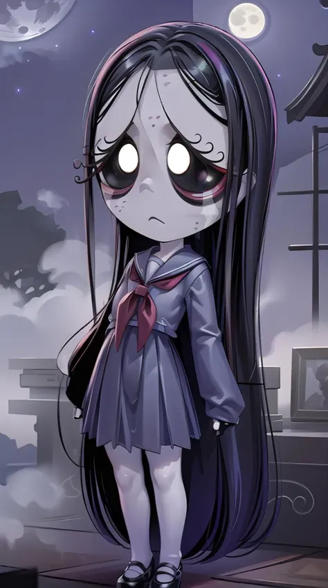 rubygloom_misery, solid-best-physical-appearance-perfect::2, ((best quality, masterpiece, extremely detailed CG, ultra-detailed, intricate details:1.2)), 8k wallpaper, elaborate features, glistening shiny, glowing light, ray tracing, HDR, deph of field, (1girl, solo, chibi, long hair, very long hair, black hair, freckles, colored sclera, black sclera, white eyes, streaming tears, frown, colored skin, grey skin), ((night sky, full moon, fog, dark atmosphere, eerie, mansion, moonlight, outdoors)), (serafuku, mary janes, socks, fingerless gloves), (full body), <lora:rubygloom_misery:0.8>, <lora:hyperdetailer:0.8>